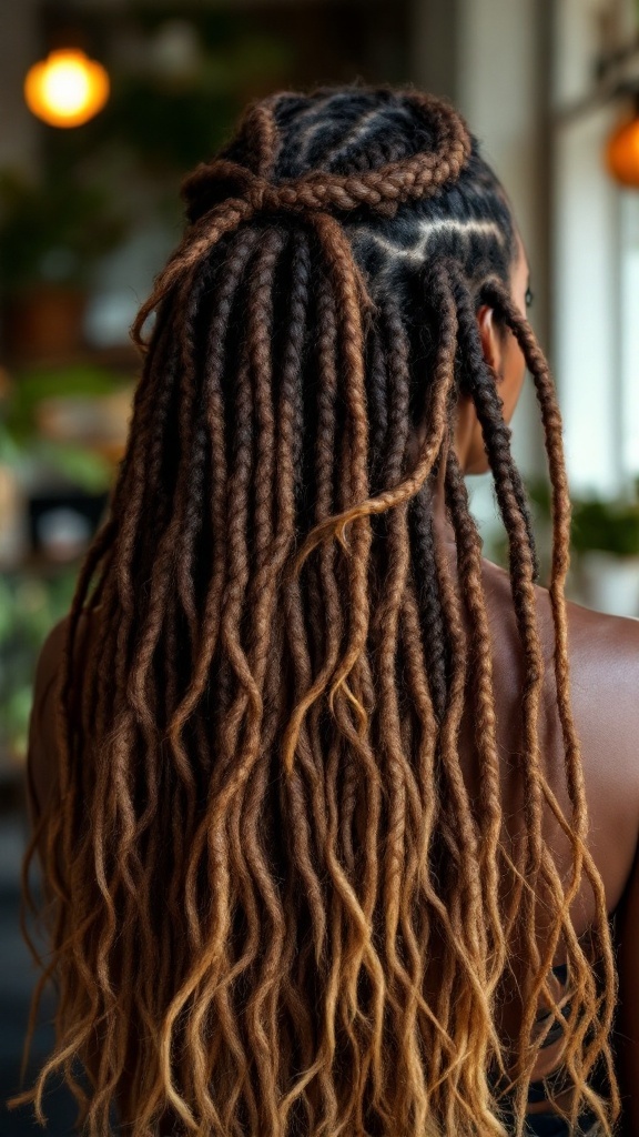 A close-up view of a woman with chunky Senegalese twists styled in a half-up, half-down look.