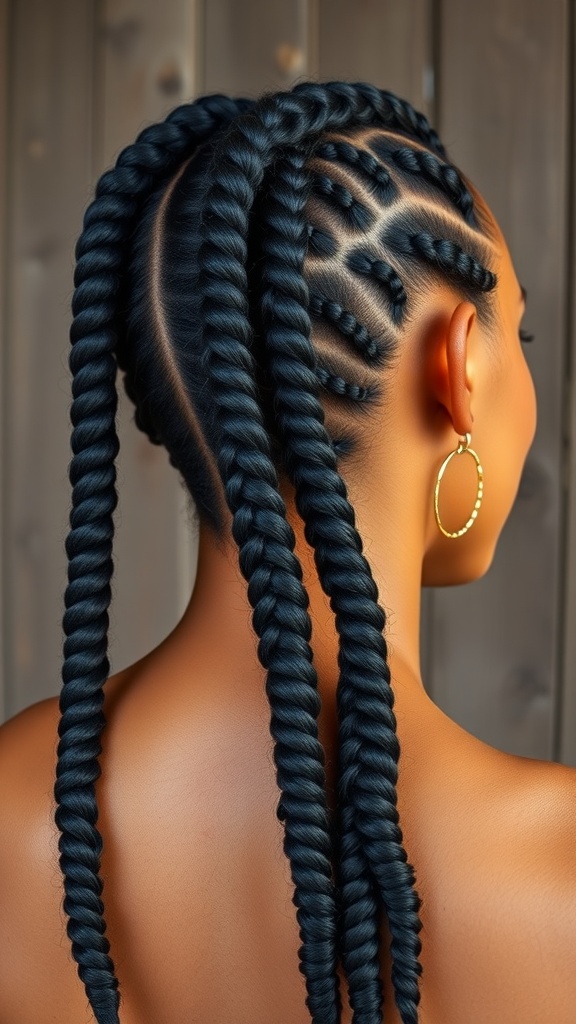 A person with chunky two-strand twists hairstyle, showing a back view with neat and shiny twists.