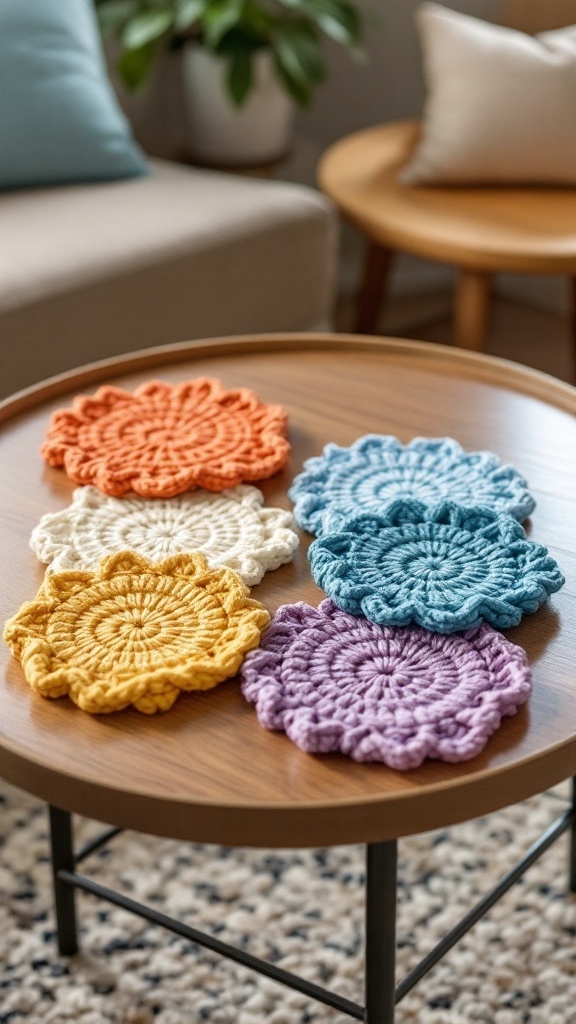 Colorful crochet coasters made with chunky yarn, displayed on a wooden table.