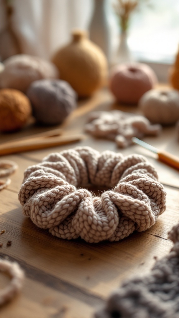 A chunky yarn scrunchie displayed on a wooden table surrounded by various yarn balls and crochet tools.
