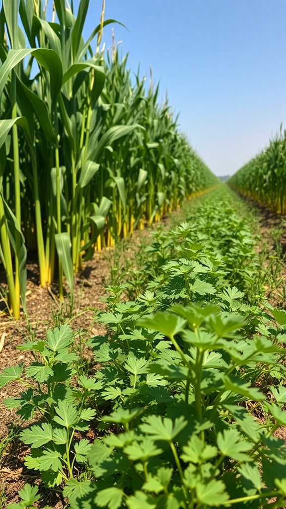 A field showing rows of cilantro growing alongside tall corn plants under a clear blue sky.