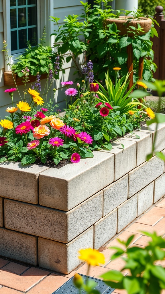 Cinder block garden bed filled with colorful flowers