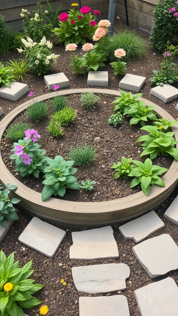 A circular herb garden with a variety of herbs and flowers surrounded by stepping stones.