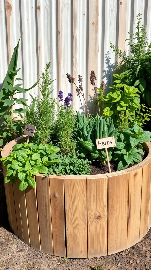 A circular wooden raised garden bed filled with various herbs, labeled with wooden signs.