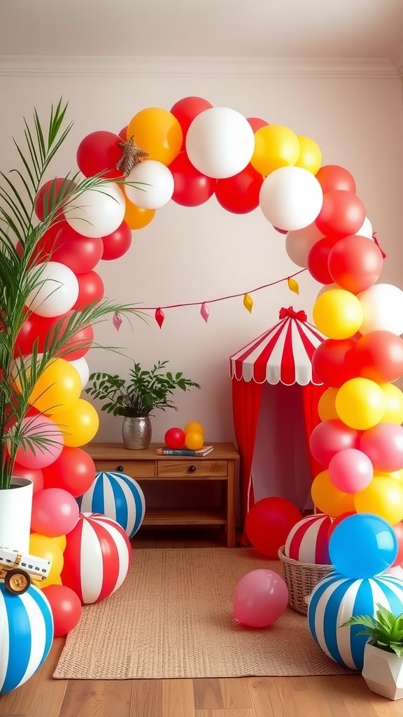 A colorful balloon arch made of red, yellow, and white balloons, with striped balloons on the floor and a small play tent in the background.