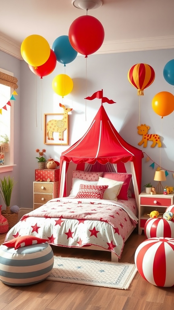 A colorful toddler bedroom designed as a Circus Fun Zone, featuring a red tent bed, colorful balloons, and playful decor.
