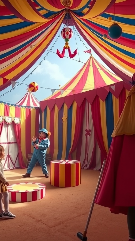 A colorful circus-themed room with a clown juggling and child watching, surrounded by vibrant decorations.
