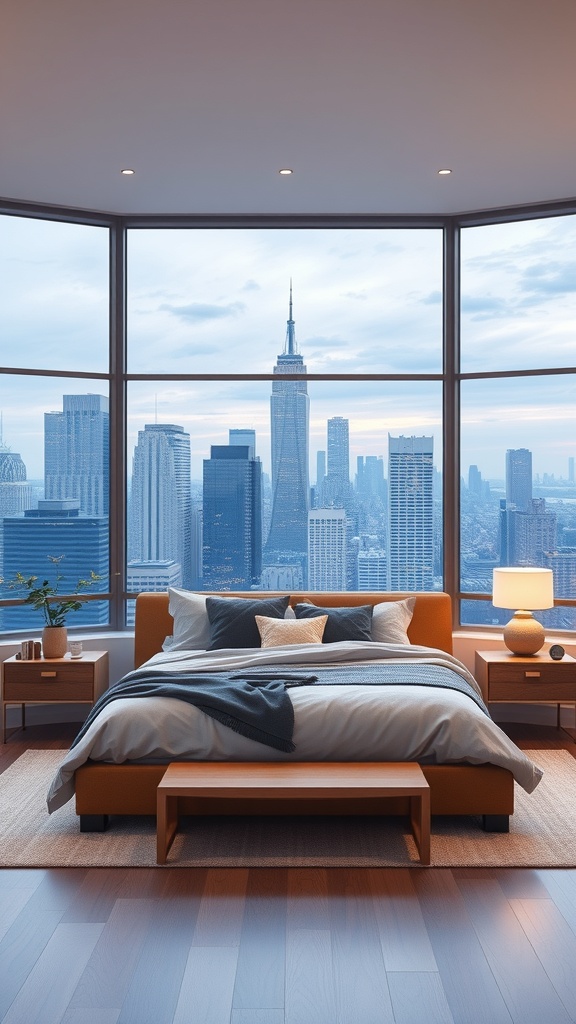 A modern bedroom with a large window showcasing a city skyline view, featuring a cozy bed and stylish decor.