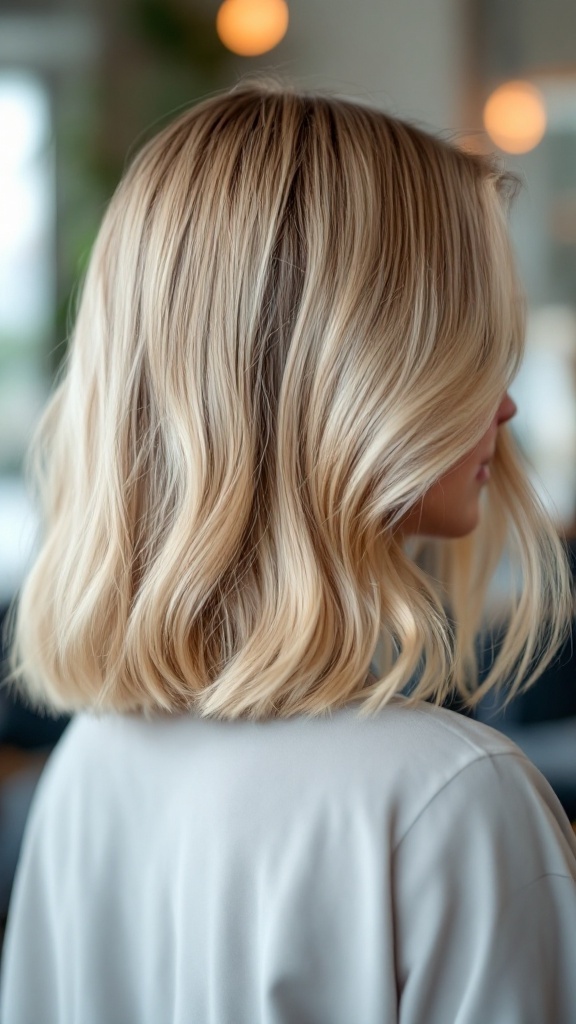 A beautiful A-line hairstyle, showcasing soft waves and light blonde color, ideal for medium hair.