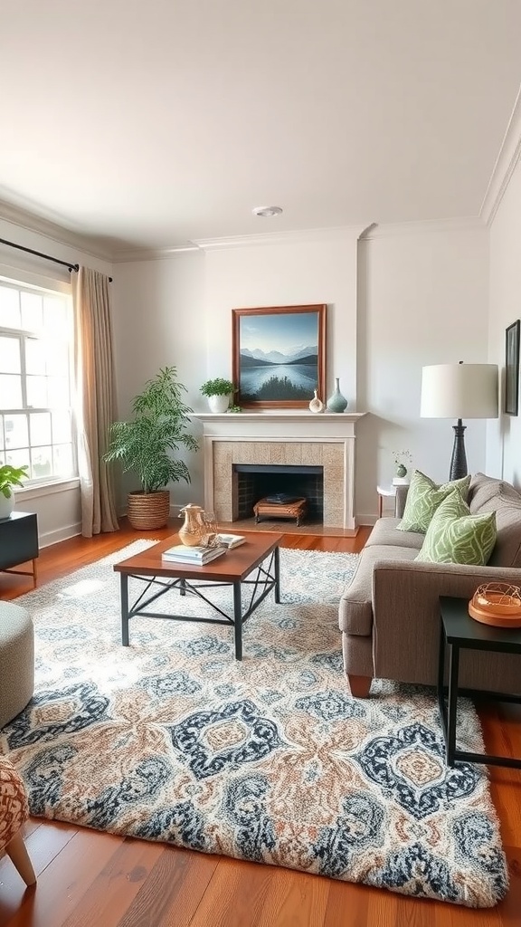 A living room featuring a classic area rug, comfortable sofa, and a coffee table