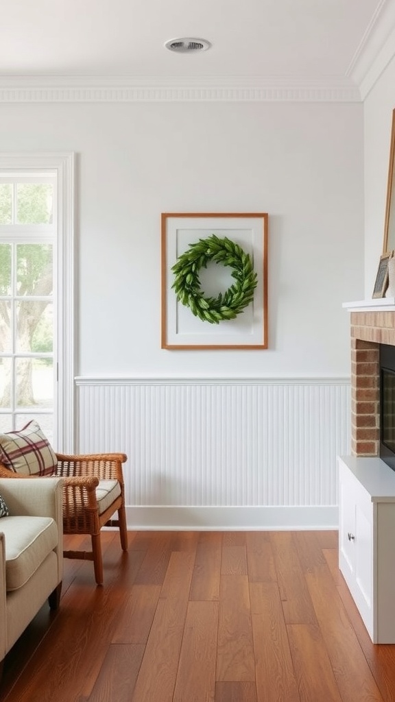 Living room featuring classic beadboard wainscoting with a wreath and wooden floor.