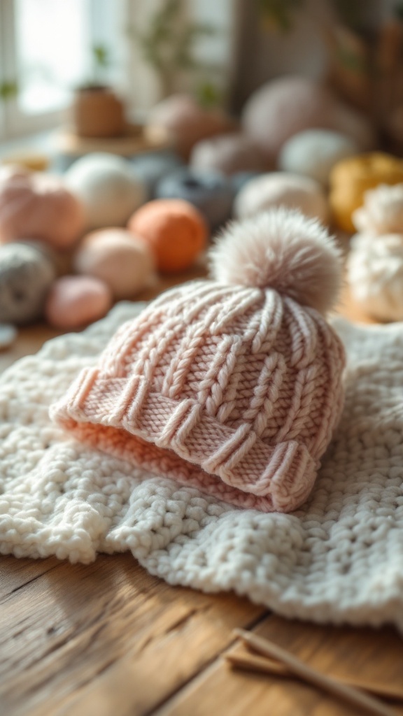 A cozy pink baby beanie with a pom-pom, placed on a textured white blanket, surrounded by colorful yarn balls.