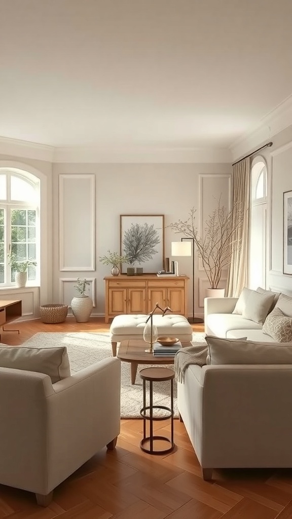 A cozy living room featuring beige walls, light furniture, and natural wood accents.