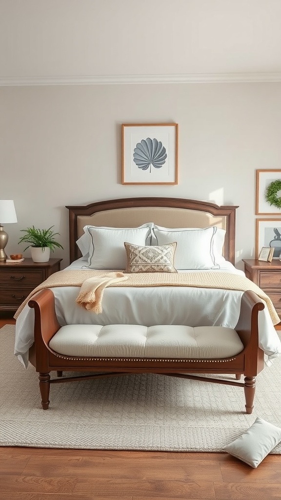 A classic wooden bench with a cushioned seat at the end of a stylish bed in a cozy bedroom.