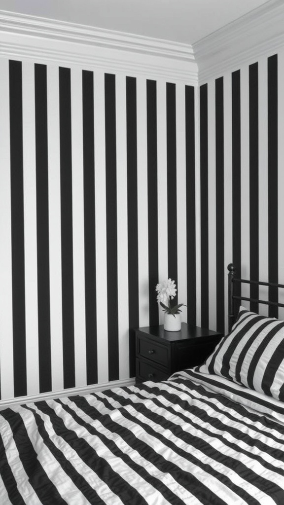 A black and white striped bedroom with vertical walls and striped bedding.