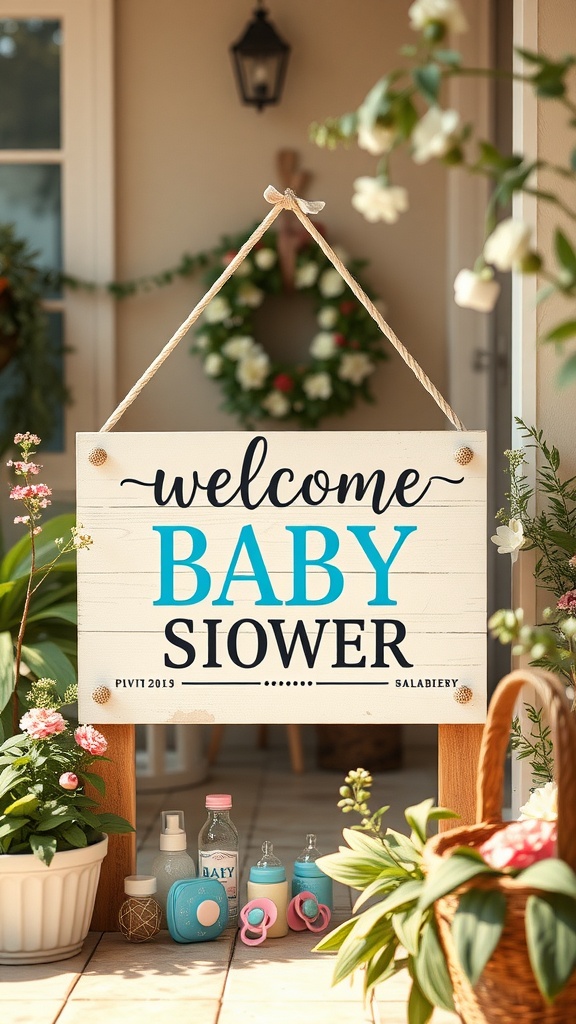 A welcoming baby shower sign with blue and pink decorations, surrounded by plants and baby items.