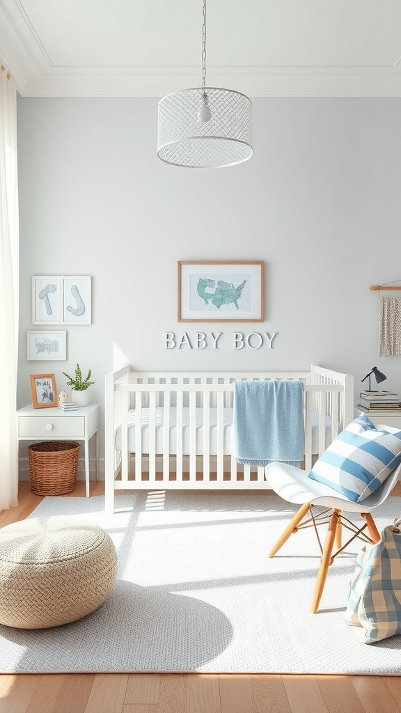 A baby boy nursery featuring a classic blue and white theme with a crib, comfortable chair, and decorative items.