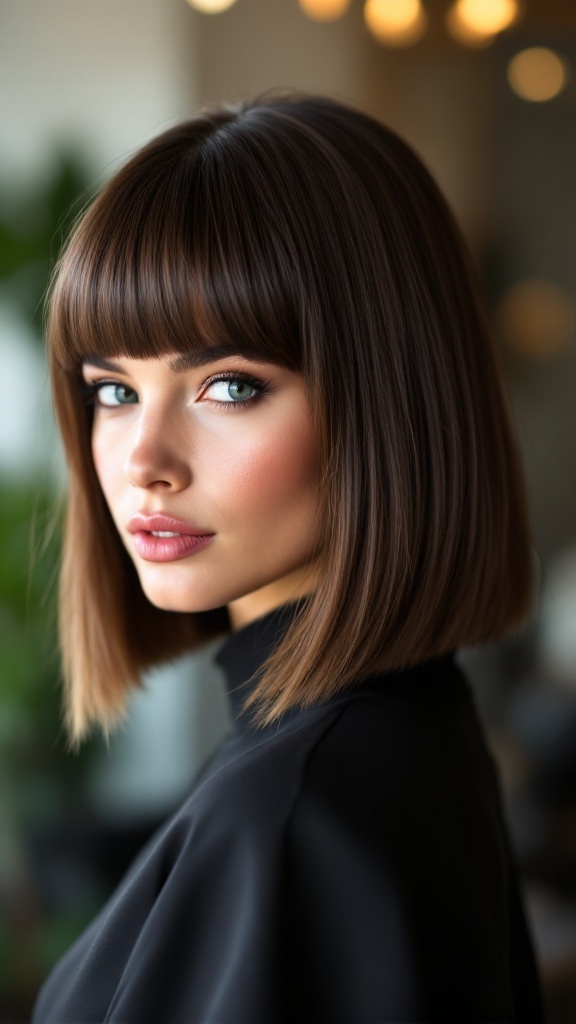 A woman with a classic blunt cut hairstyle and straight across bangs, looking stylish and elegant.