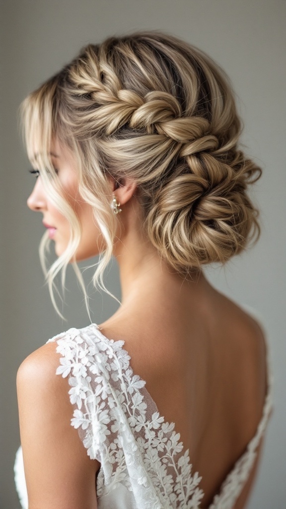 A woman with short hair styled in a braided bob hairstyle, showcasing an elegant look.