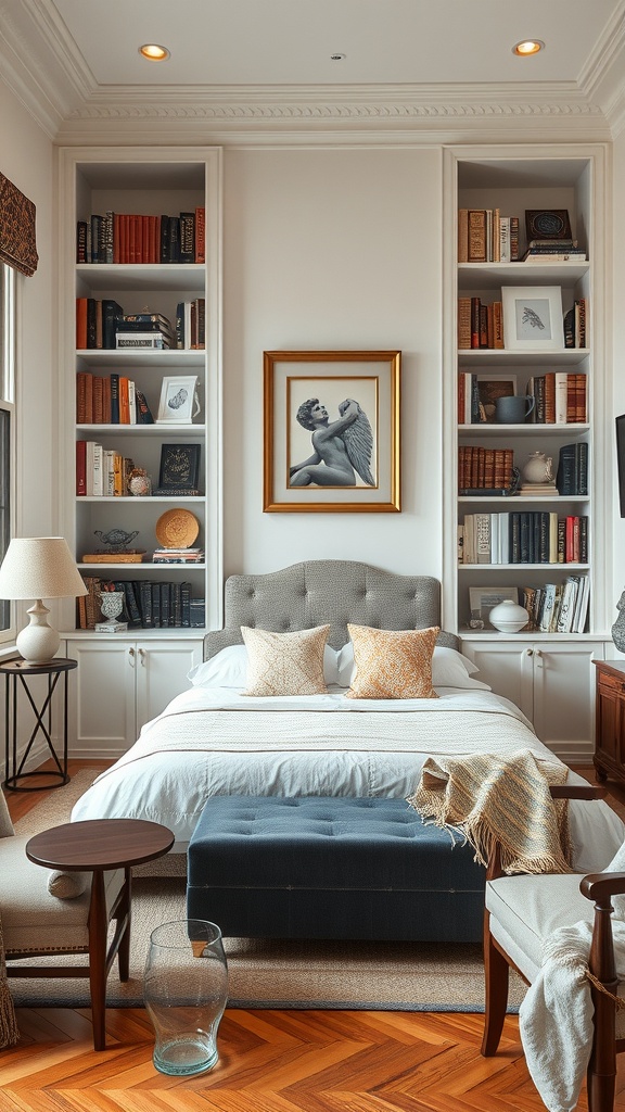 A cozy living room with classic bookshelves filled with literature, featuring a bed and decorative items.