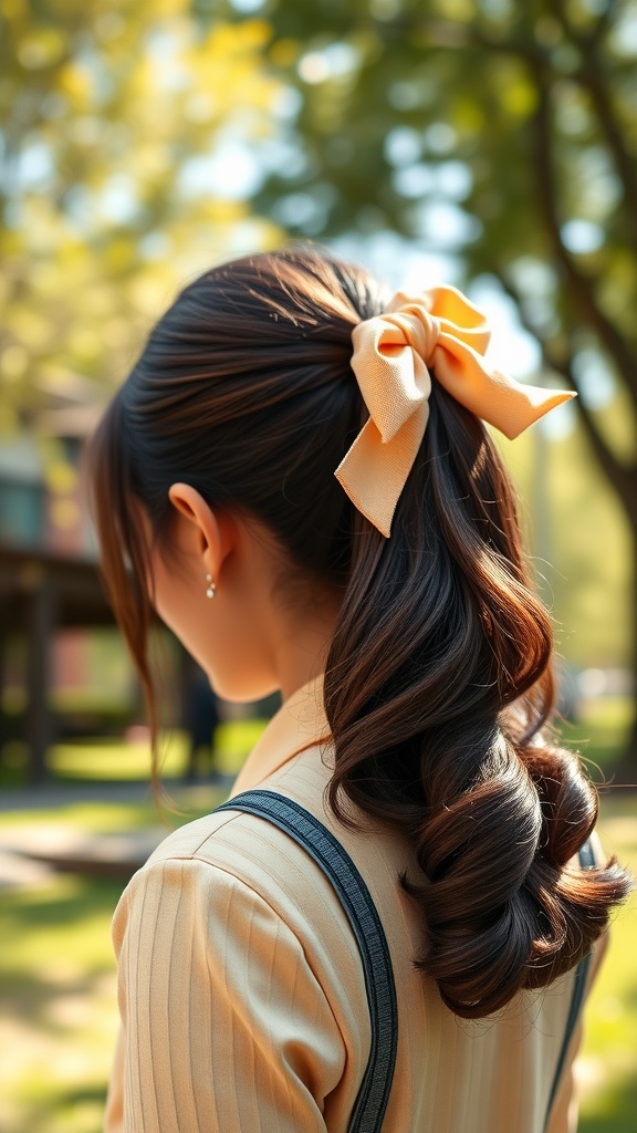 A young woman with a classic bow ponytail, featuring loose curls and a cheerful orange bow, set in a sunlit outdoor scene.