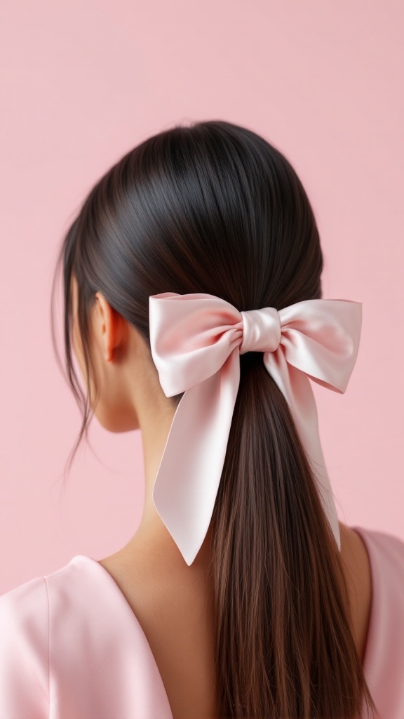 A woman with a sleek ponytail adorned with a pink bow against a pink background.