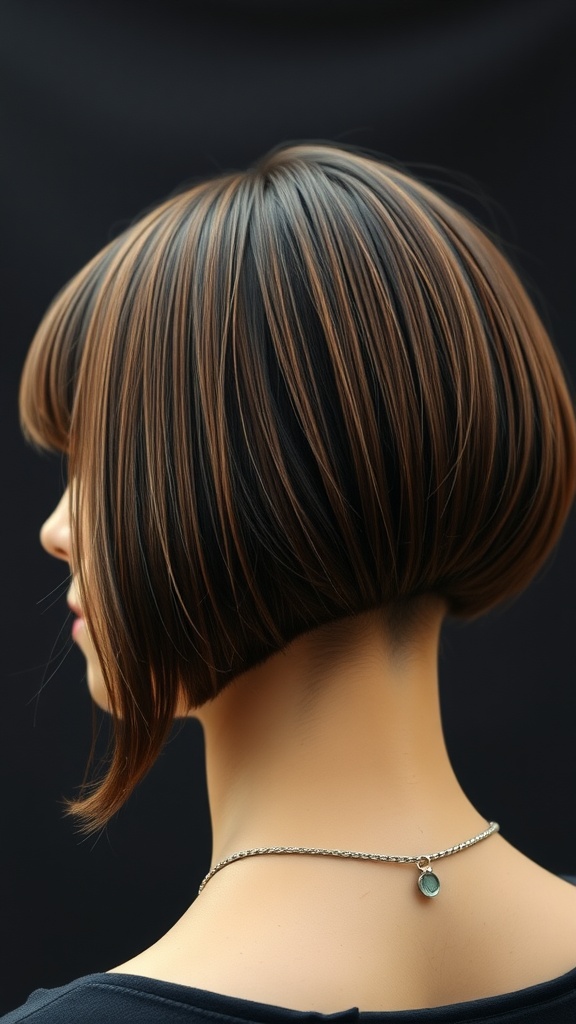 A close-up view of a classic bowl cut hairstyle, highlighting its sleek lines and color contrast.