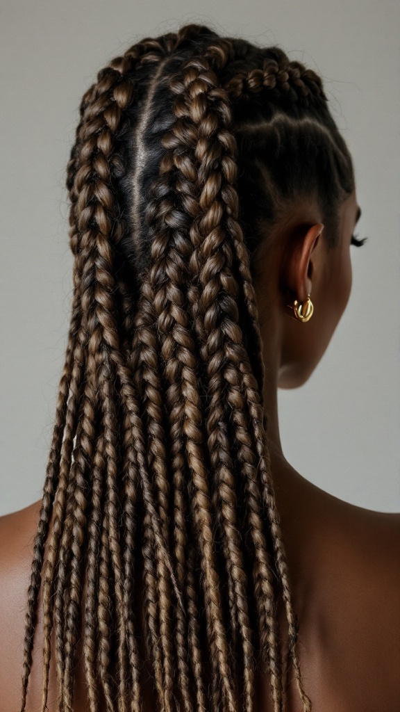 A close-up view of classic box braids styled neatly down the back.