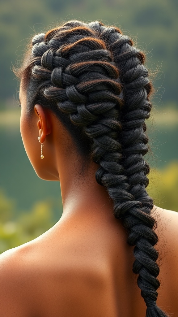 A close-up view of a classic braid hairstyle featuring natural textures.