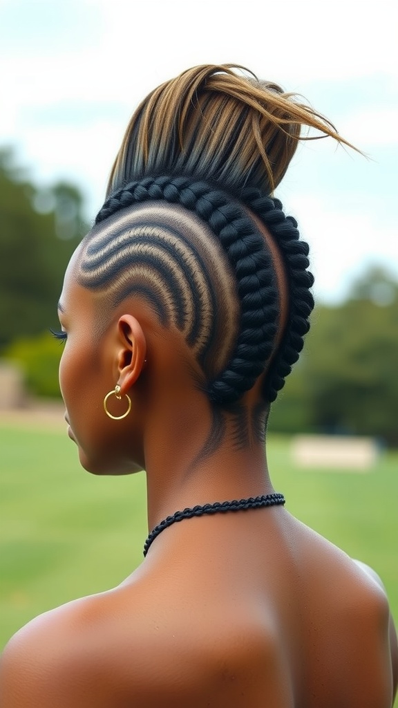 A stylish woman showcasing a classic braided mohawk hairstyle with intricate side braids and a tall mohawk