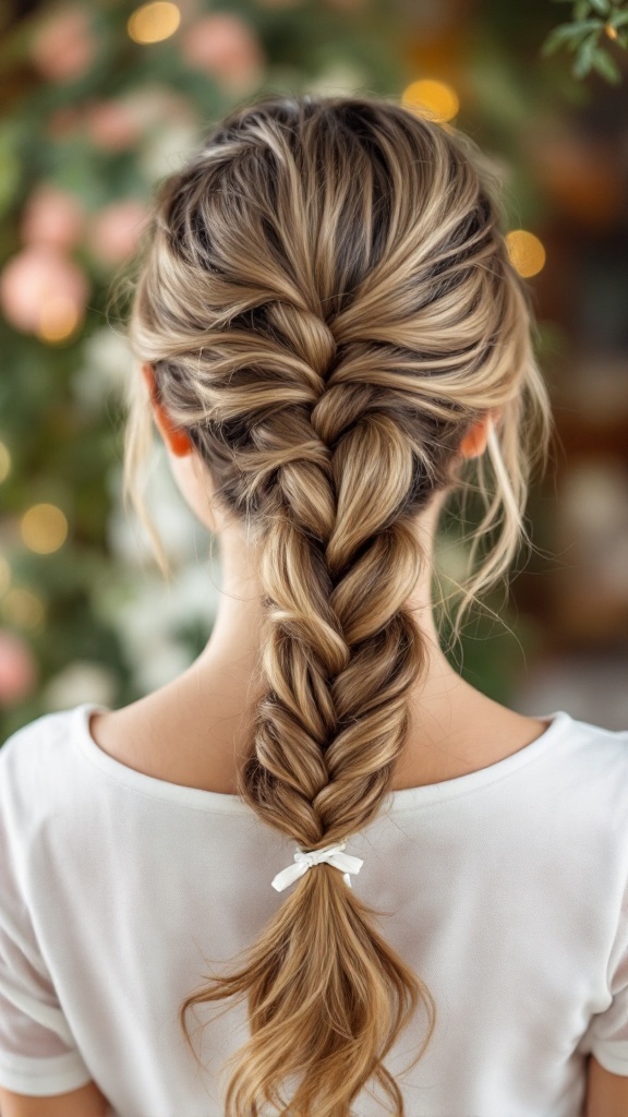 A back view of a woman with a classic braided ponytail decorated with a white ribbon.