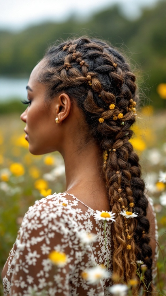 A woman with a classic braided ponytail adorned with beads, surrounded by wildflowers.