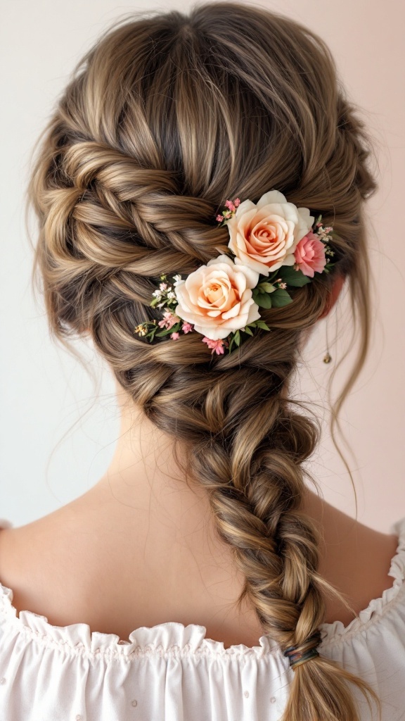 A classic braided updo with flowers, perfect for picture day.