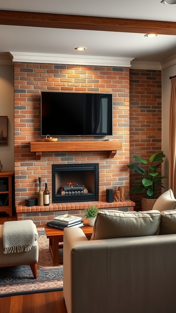 A cozy living room featuring a classic brick fireplace with a mounted TV above it, wooden mantel, and a potted plant.