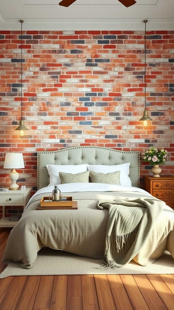 Cozy bedroom with a classic brick wall, soft bedding, and modern pendant lights.