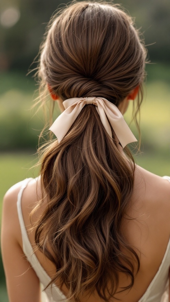 A classic bubble ponytail hairstyle decorated with a ribbon, featuring soft waves and a polished look.