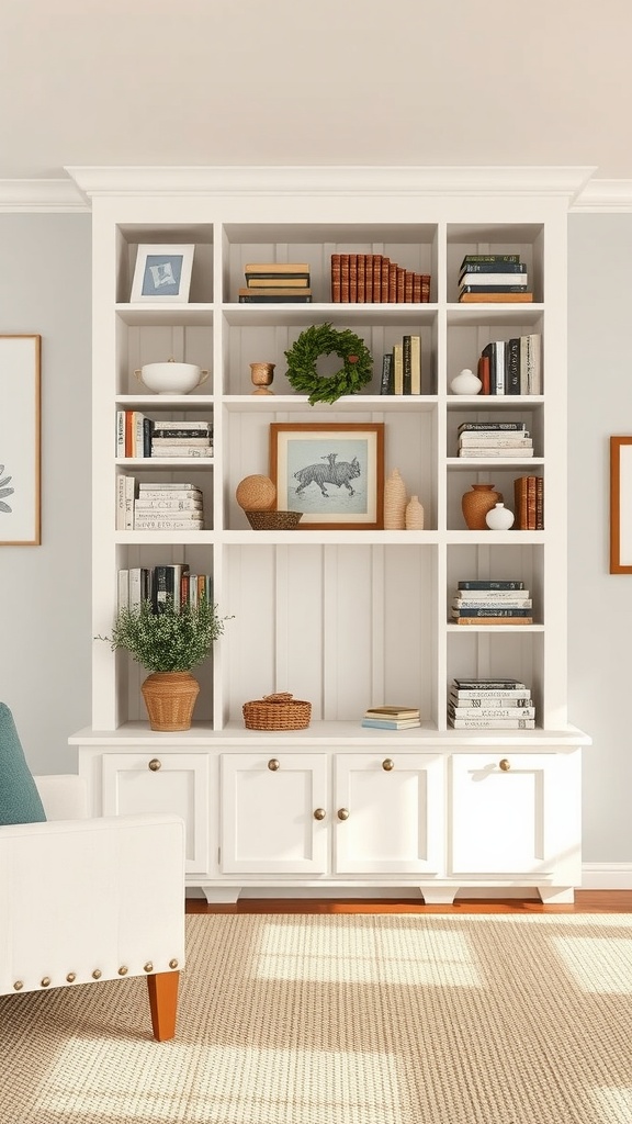 A bright farmhouse living room with built-in shelving displaying books, plants, and decorative items.