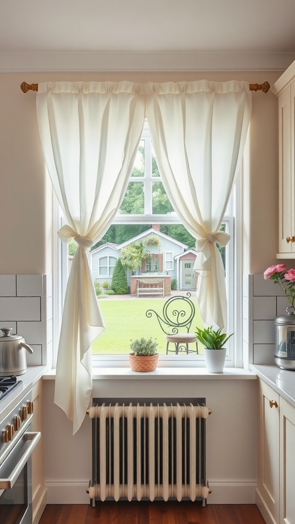 A kitchen with cream-colored café style curtains tied back, showcasing a sunny view outside.