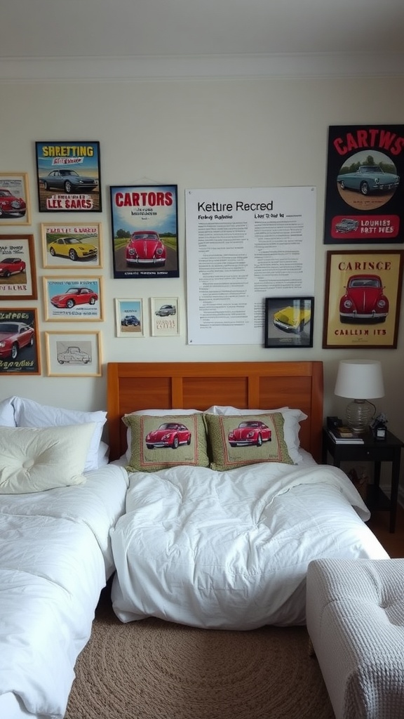 A teen bedroom with classic car-themed decor, including posters on the wall and car-patterned pillows.
