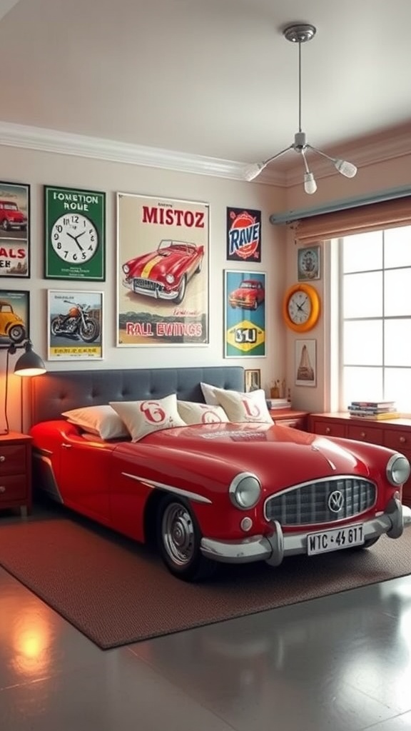 A boy's bedroom featuring a bed designed like a vintage red car, with car-themed posters on the wall.