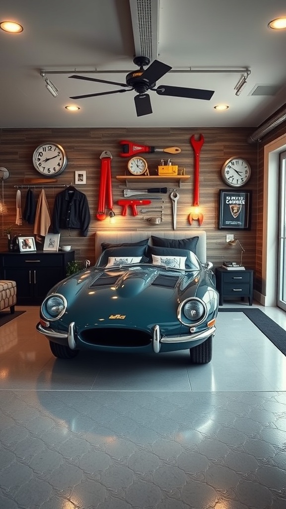 A stylish bedroom designed with a classic car garage theme, featuring a vintage car, tool decorations, and a cozy bed.