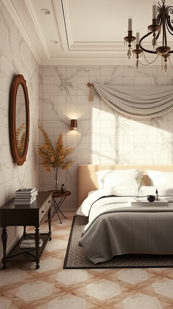 A stylish bedroom featuring classic ceramic floor tiles with a geometric pattern, complemented by a cozy bed, elegant decor, and warm lighting.