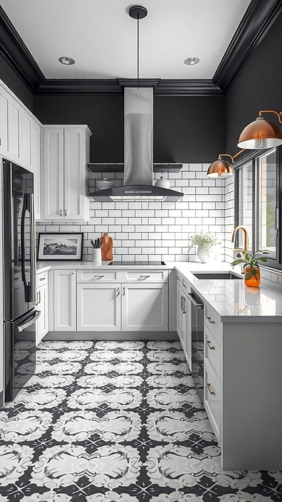 A modern kitchen featuring classic black and white ceramic tile flooring, white cabinets, and a stylish design.