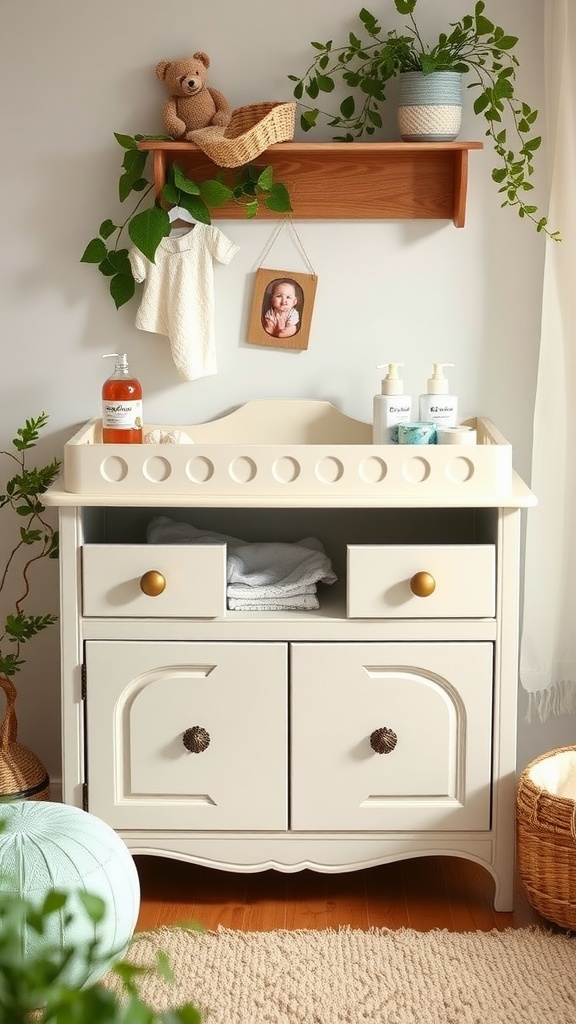 A vintage-style changing table with a teddy bear, potted plant, and storage drawers.