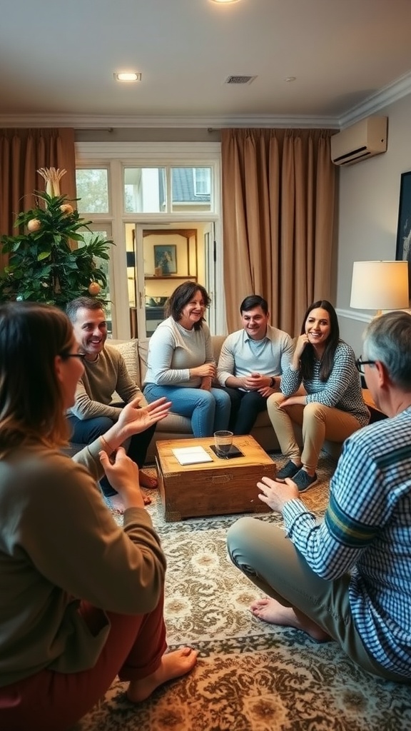 A group of people enjoying a game of charades in a cozy living room