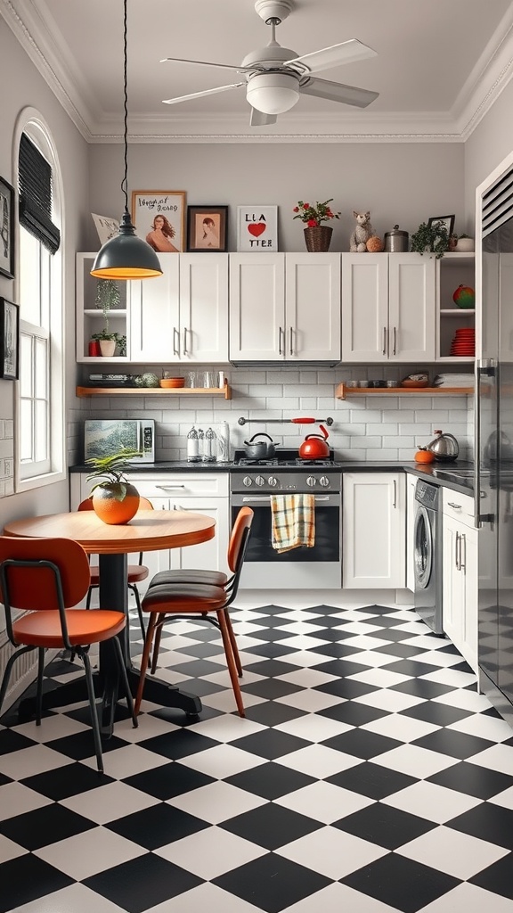A retro kitchen featuring classic black and white checkerboard flooring, orange chairs, and modern appliances.