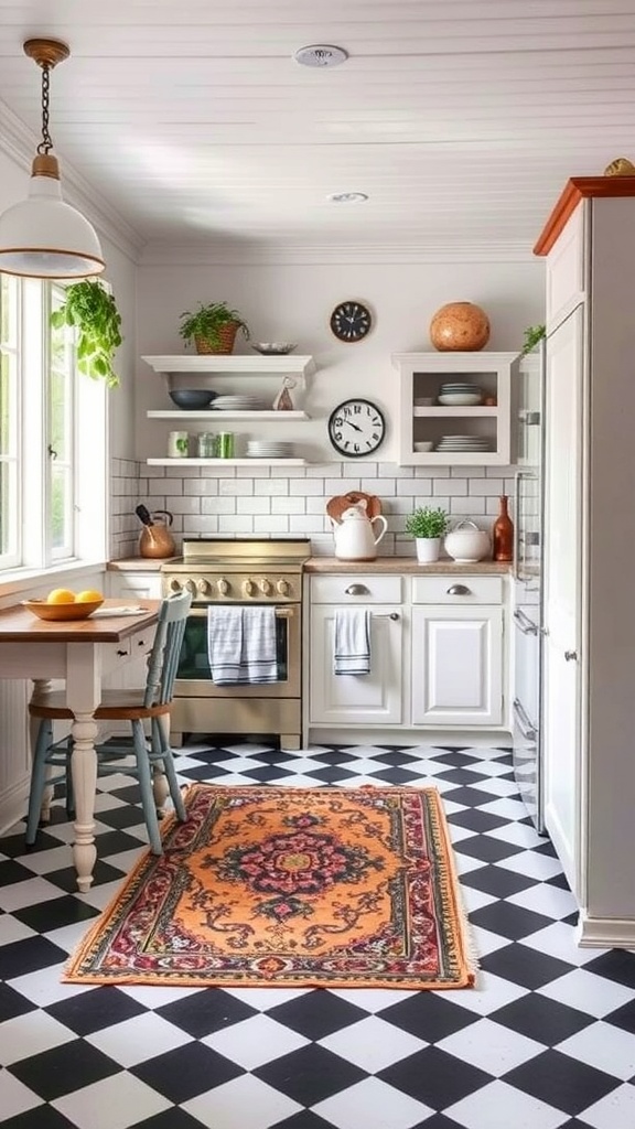 A cozy country kitchen featuring classic checkerboard floors, white cabinetry, and a colorful area rug.