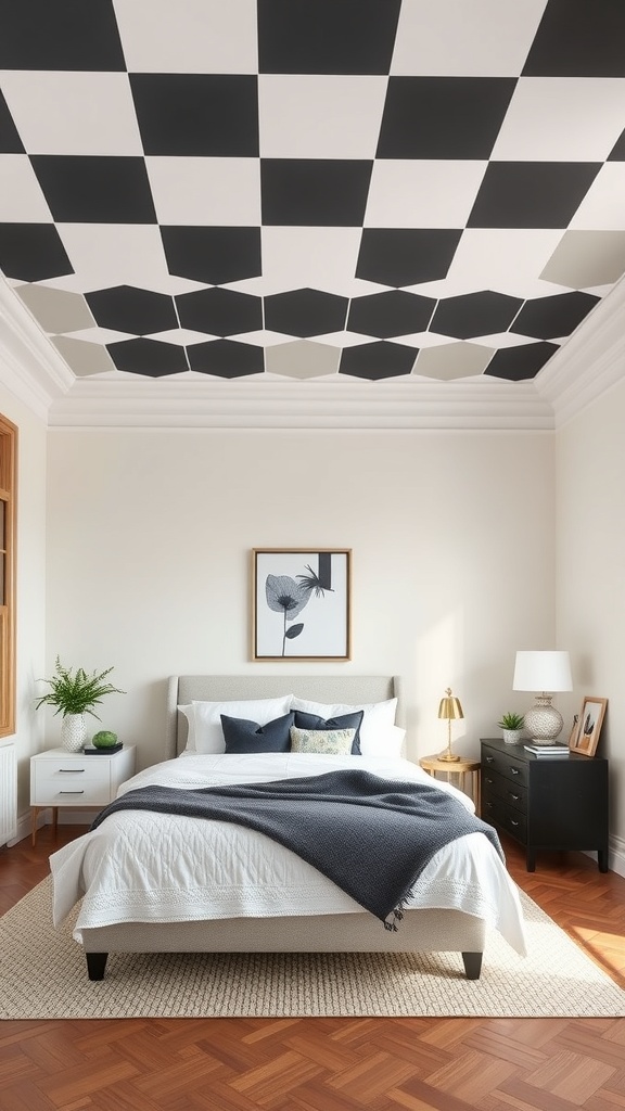 Bedroom with a checkerboard patterned ceiling featuring black and white squares, light bedding, and stylish furniture.