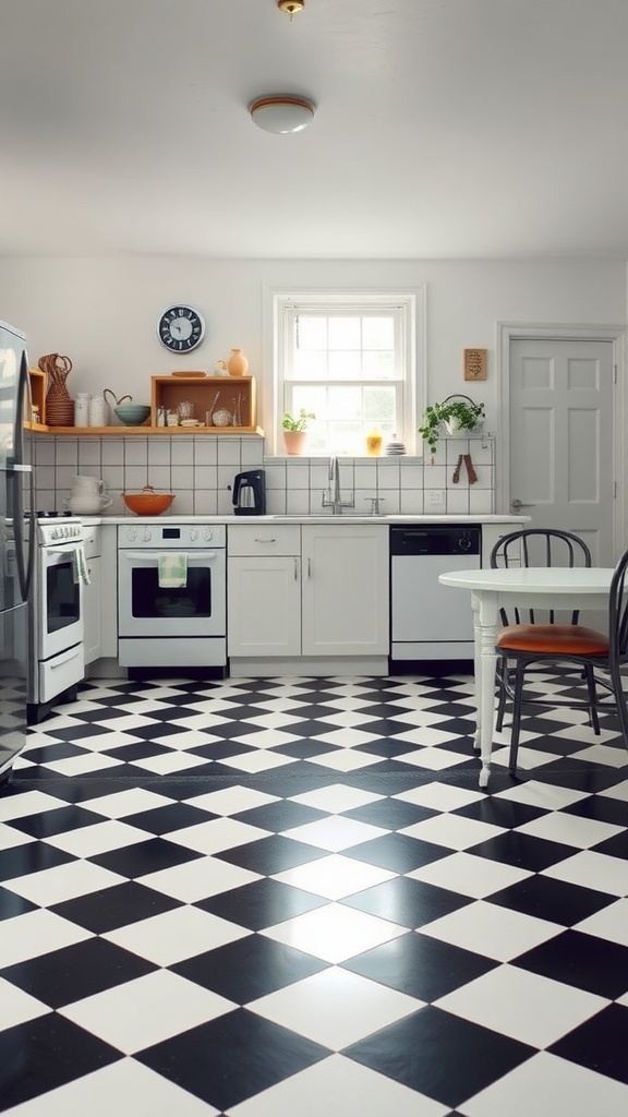 A bright kitchen with a black and white checkered floor and modern appliances.