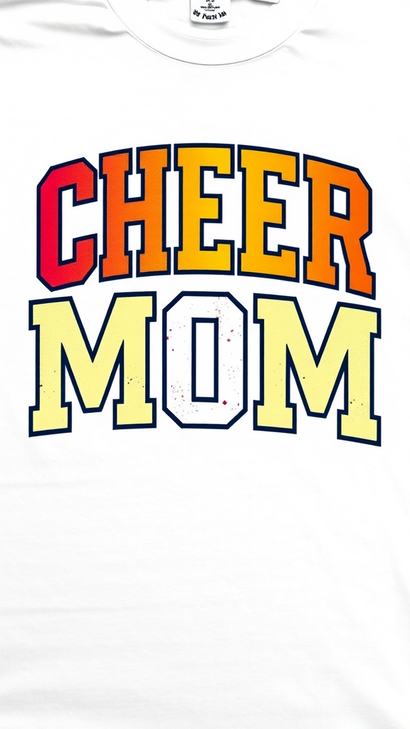 Classic cheer mom shirt with bold letters spelling 'CHEER MOM' in vibrant colors on a white background.